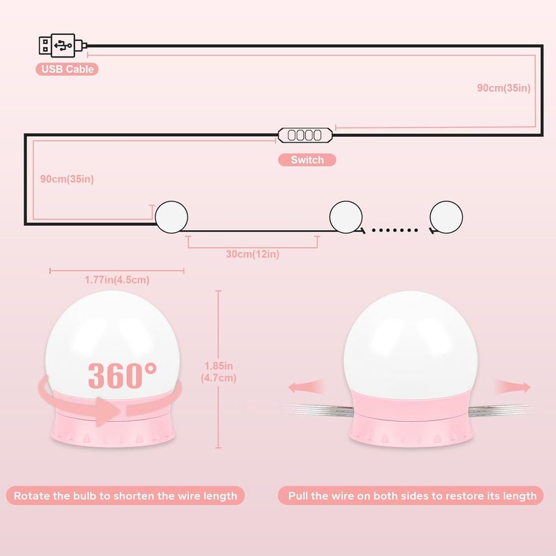 Bairth LED Vanity Lights For Mirror, Pink Vanity Light Stick on with 10 Dimmable Bulbs, 3000K 4000K 6500K & 10 Level Brightness Adjustable USB Cable Hollywood Mirror Lights for Makeup Dressing Room Bathroom - Image 4